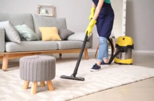 Standard cleaning supplies and tools on a tidy countertop