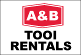 A&B Tool Rental logo featuring bold letter 'A' and 'B' with gear symbol, all in white and yblack."