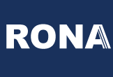 Rona logo depicting stylized letter 'R' in white and blue background