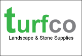 Turfco Landscape and Stone Supply logo featuring green grass blades and stone in a circle